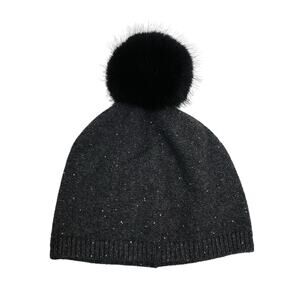 Sofia Cashmere Sequin Cashmere Beanie with Faux Fur Pompom NEW